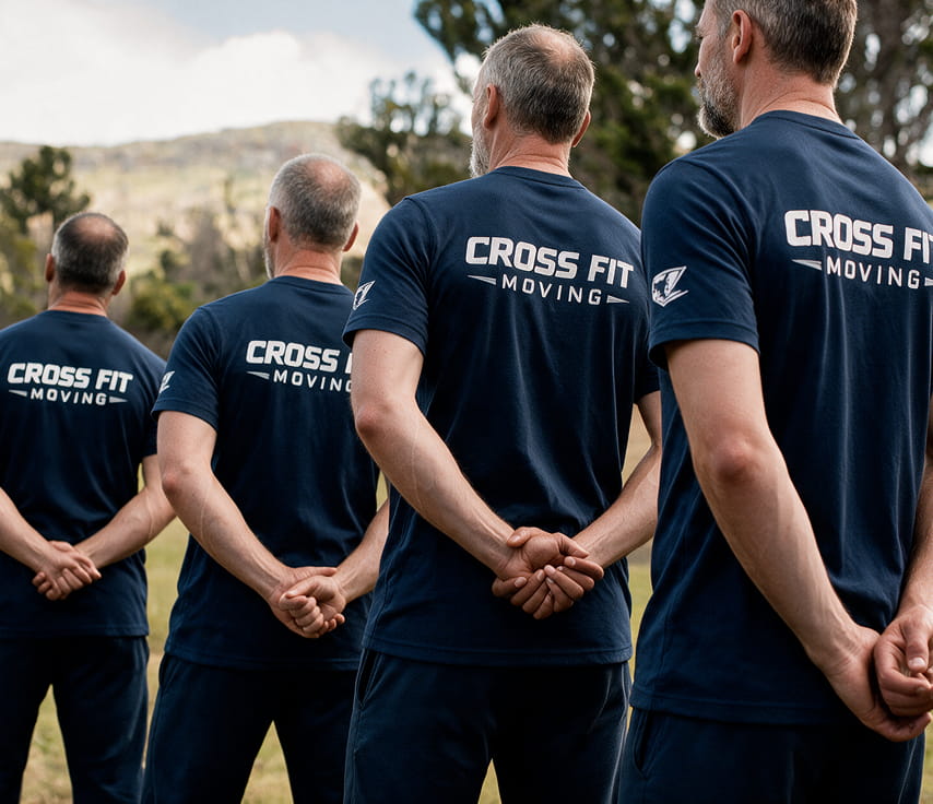 Four Cross Fit Moving crew members in branded shirts standing together outdoors
