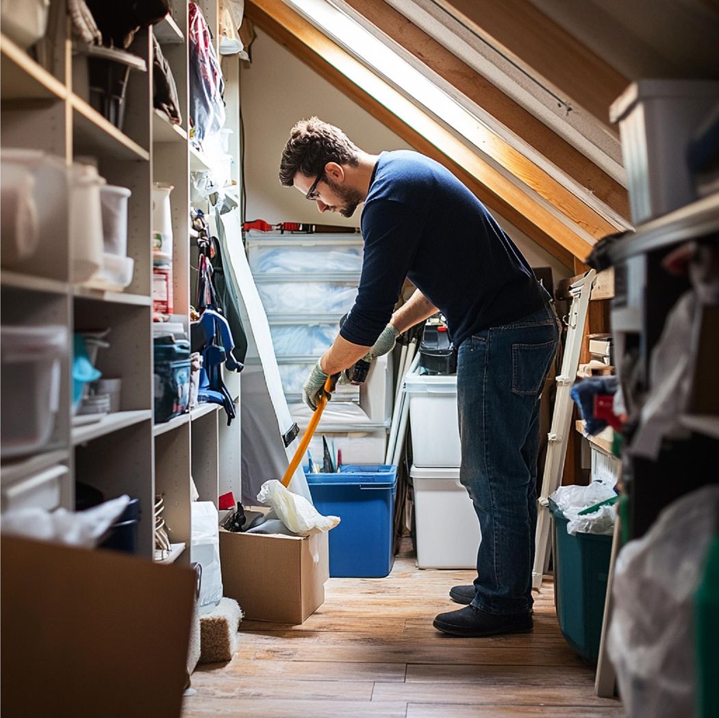 Crew member clearing out a cluttered attic storage space