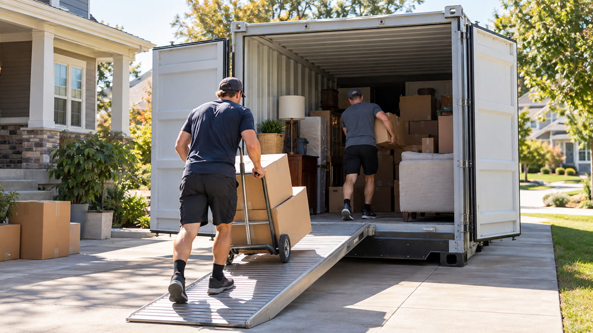 Two Cross Fit Moving crew members loading boxes and furniture into a portable storage container in a driveway