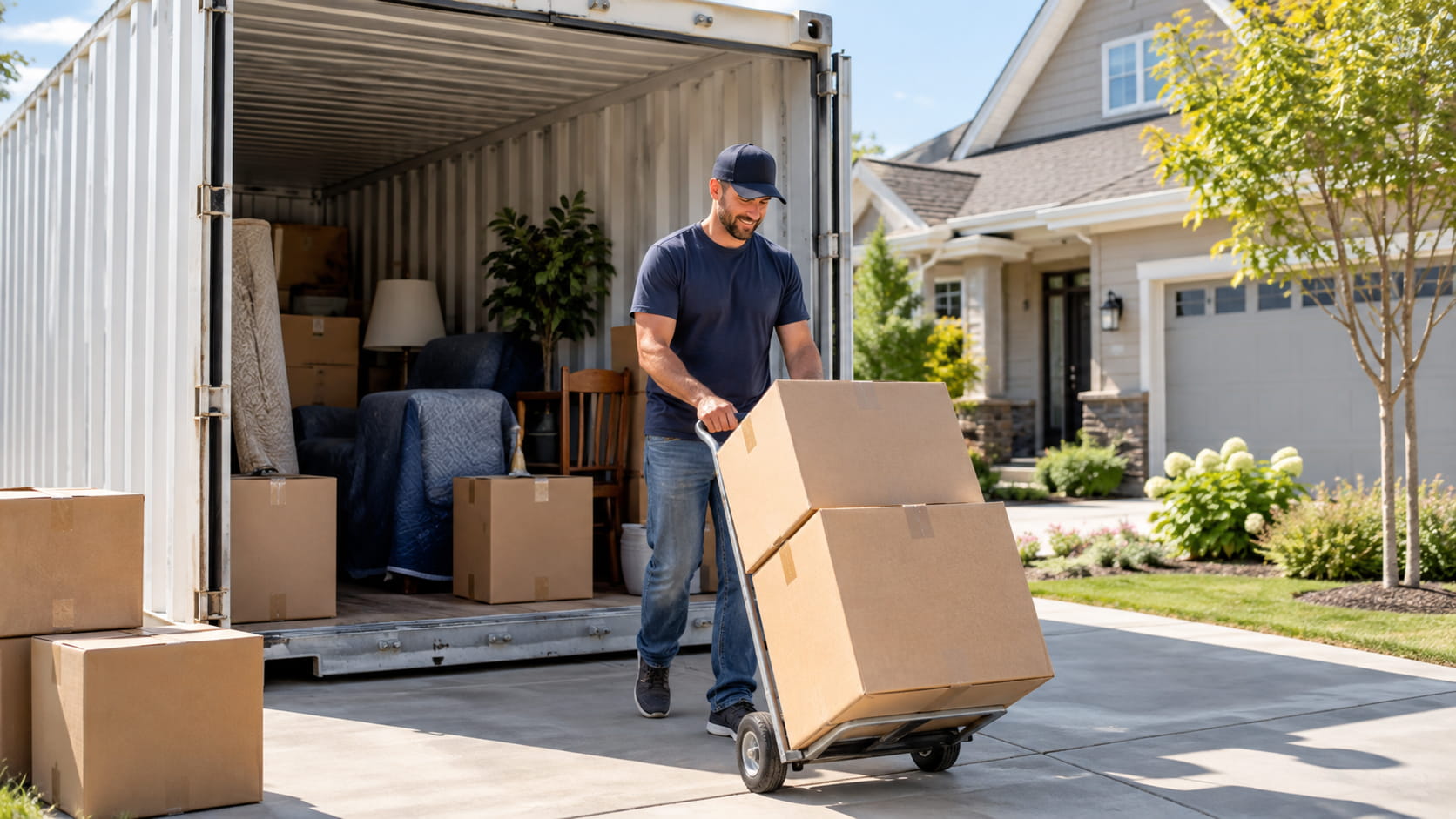 Mover unloading boxes from a storage container in a residential driveway
