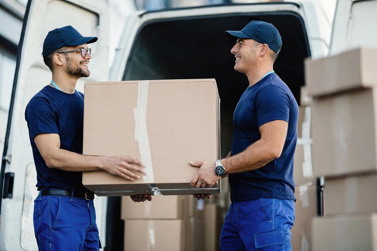 Two CrossFit Moving crew members handing off a box beside a moving van