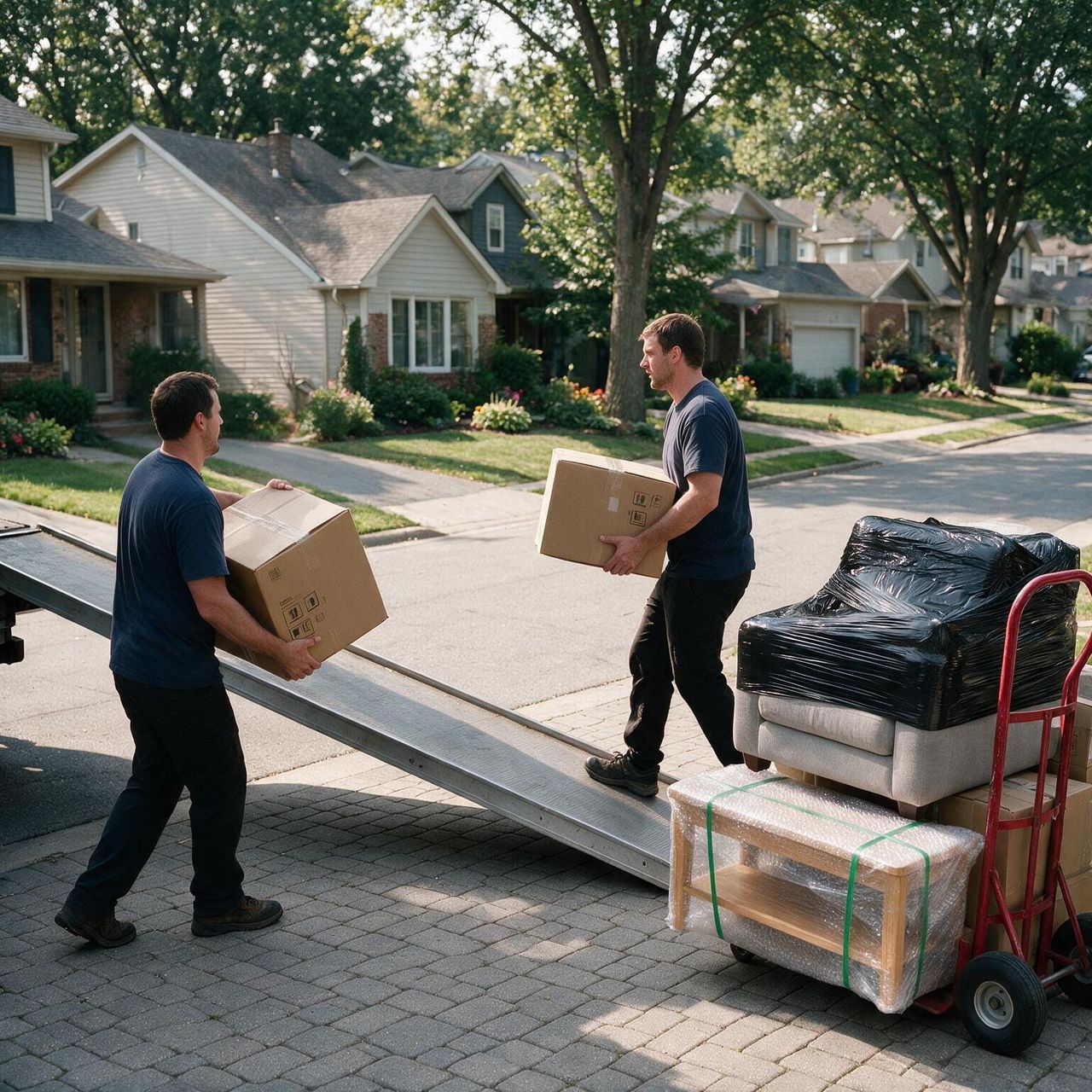 Crew loading furniture and boxes onto a moving truck ramp