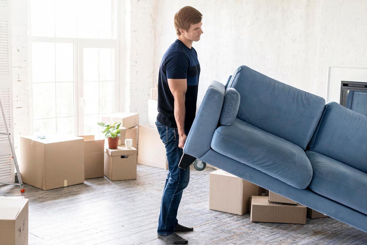 Mover carrying a sofa out of a home being prepared for its next chapter