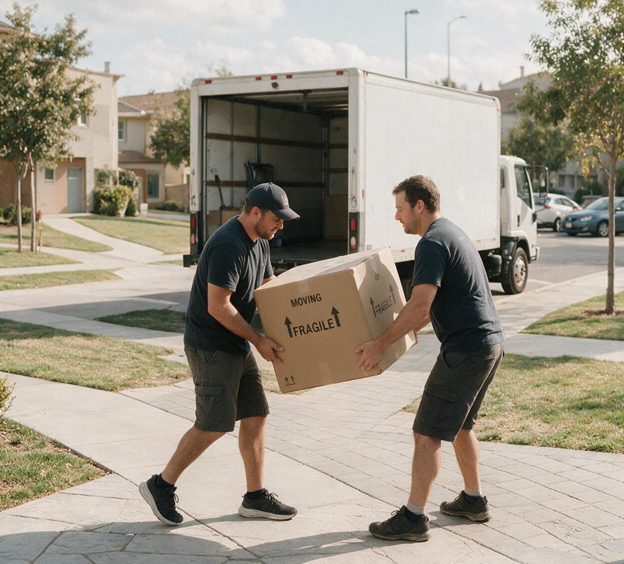 Two movers carrying a fragile moving box from a rental truck