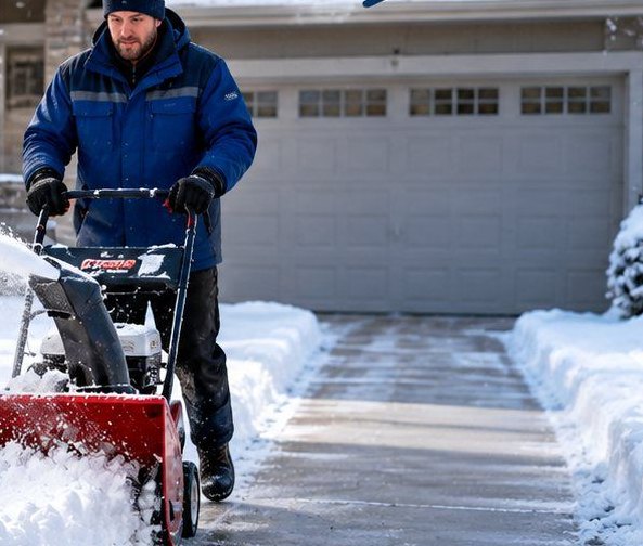 Crew member clearing a snow-covered driveway with a snow blower